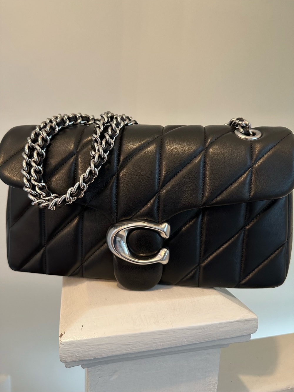Coach Quilted Tabby 26 Black Leather Shoulder Bag with Silver Hardware